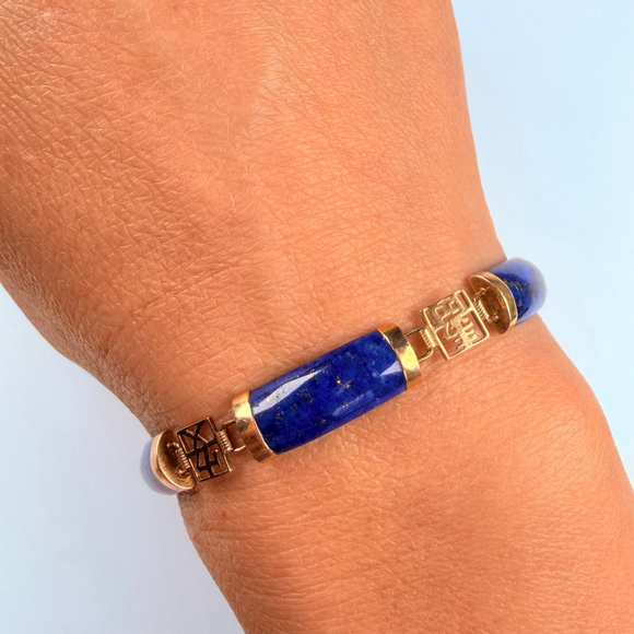 14K Solid Yellow Gold Vintage Chinese Character Rich Lapis Lazuli Panel Bracelet - Picture 13 of 14